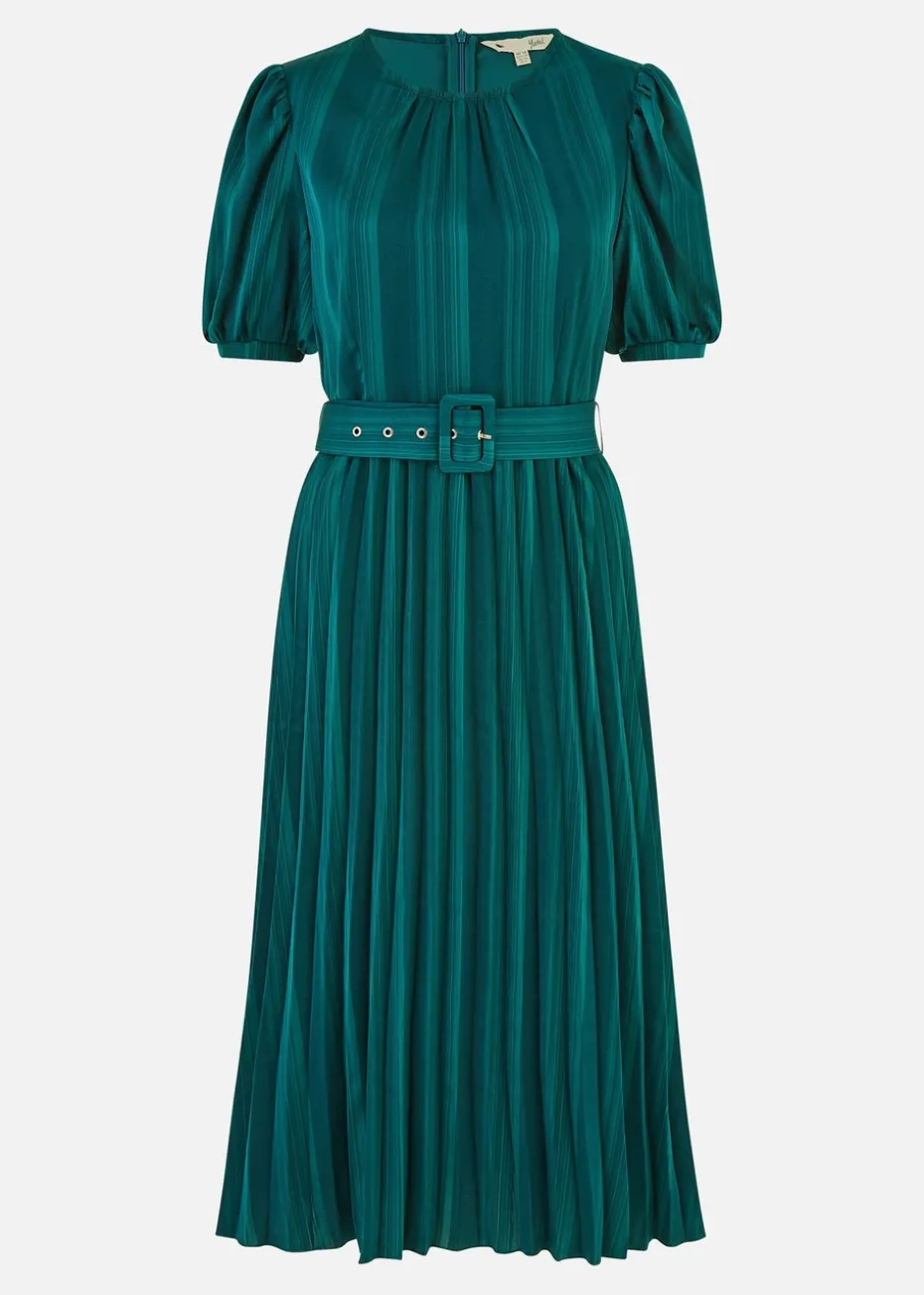 Yumi Green Satin Striped Midi Dress With Pleats and Matching Belt