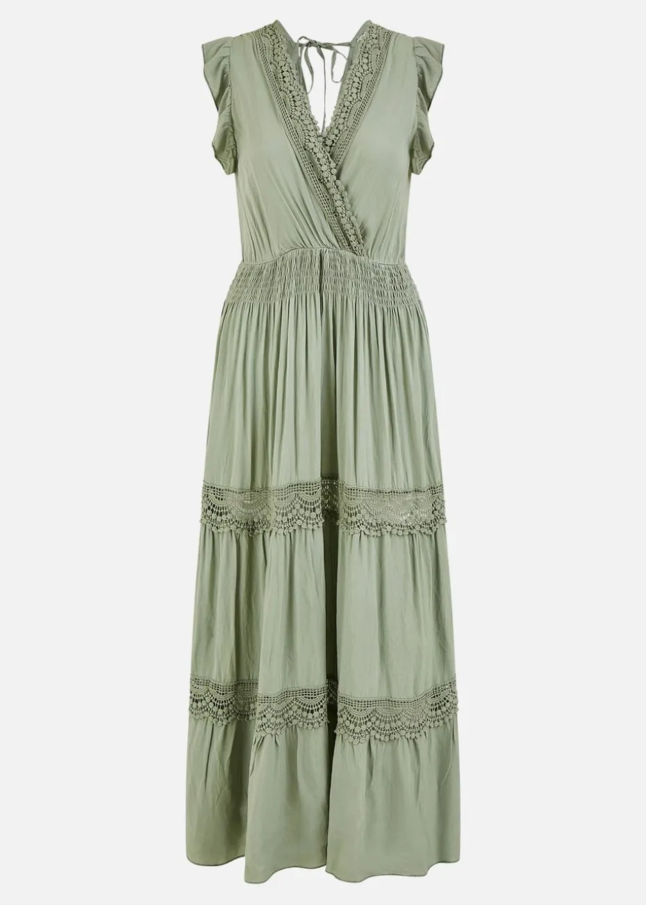 Yumi Green Viscose Lace Trim Wrap Maxi Dress