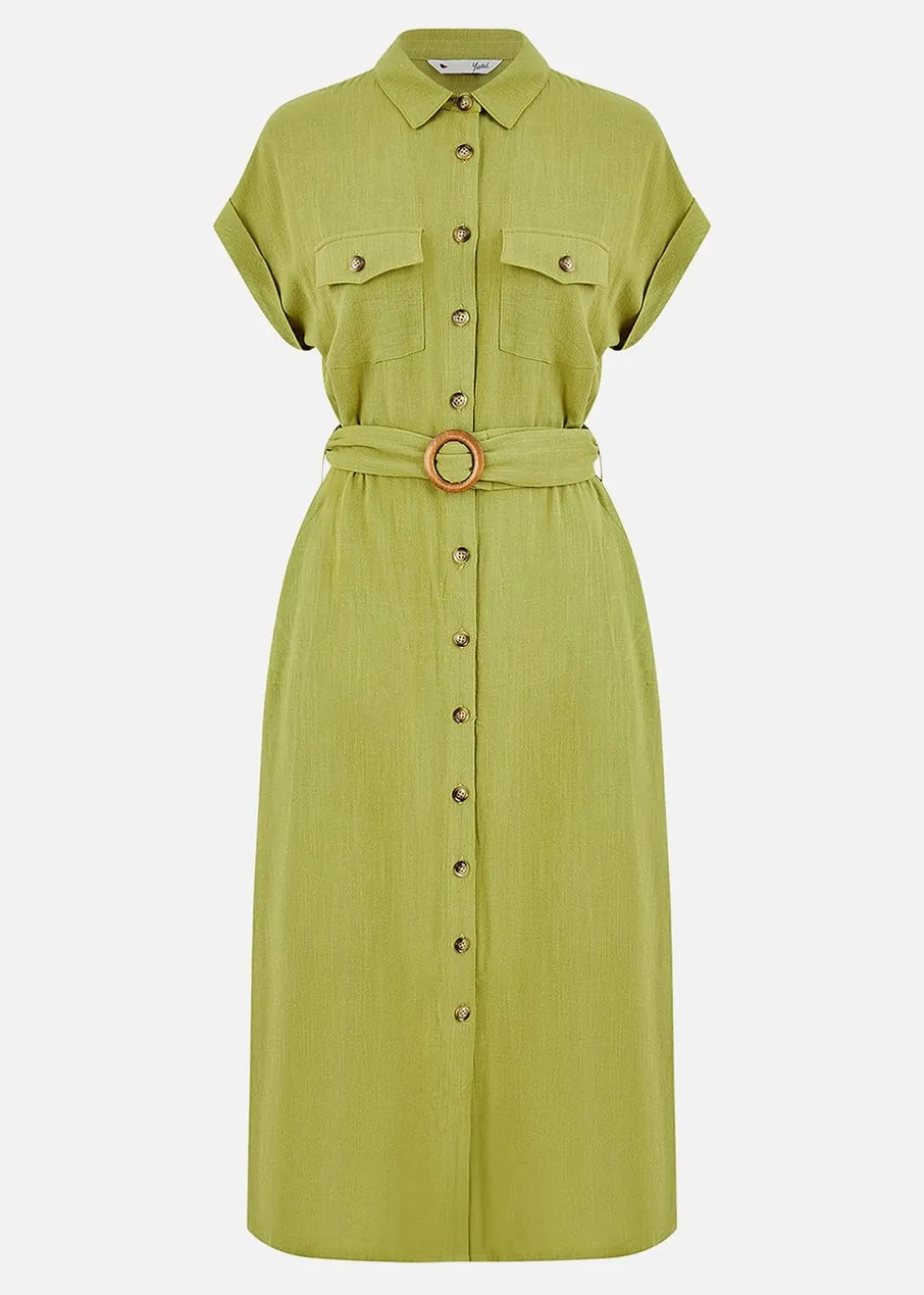 Yumi Green Viscose Linen Look Midi Shirt Dress With Wooden Belt
