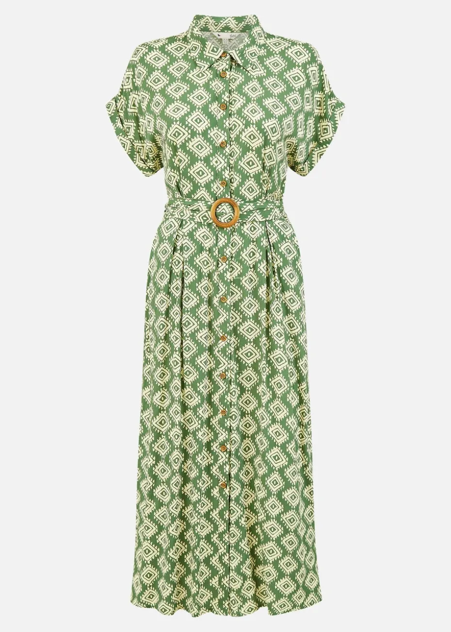 Yumi Green Viscose Midi Shirt Dress With Matching Belt