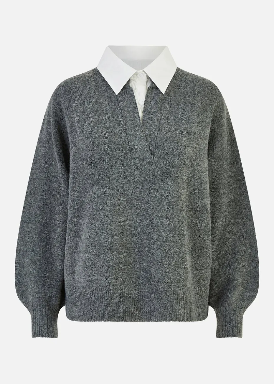 Yumi Grey Knitted Jumper With Collar Detail