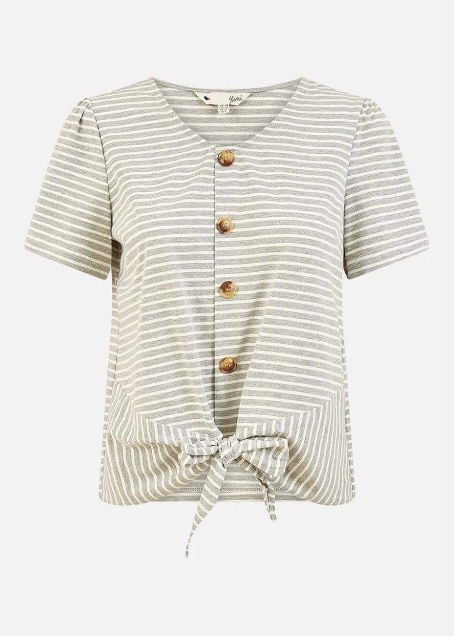 Yumi Grey Striped Jersey Button Detail Top