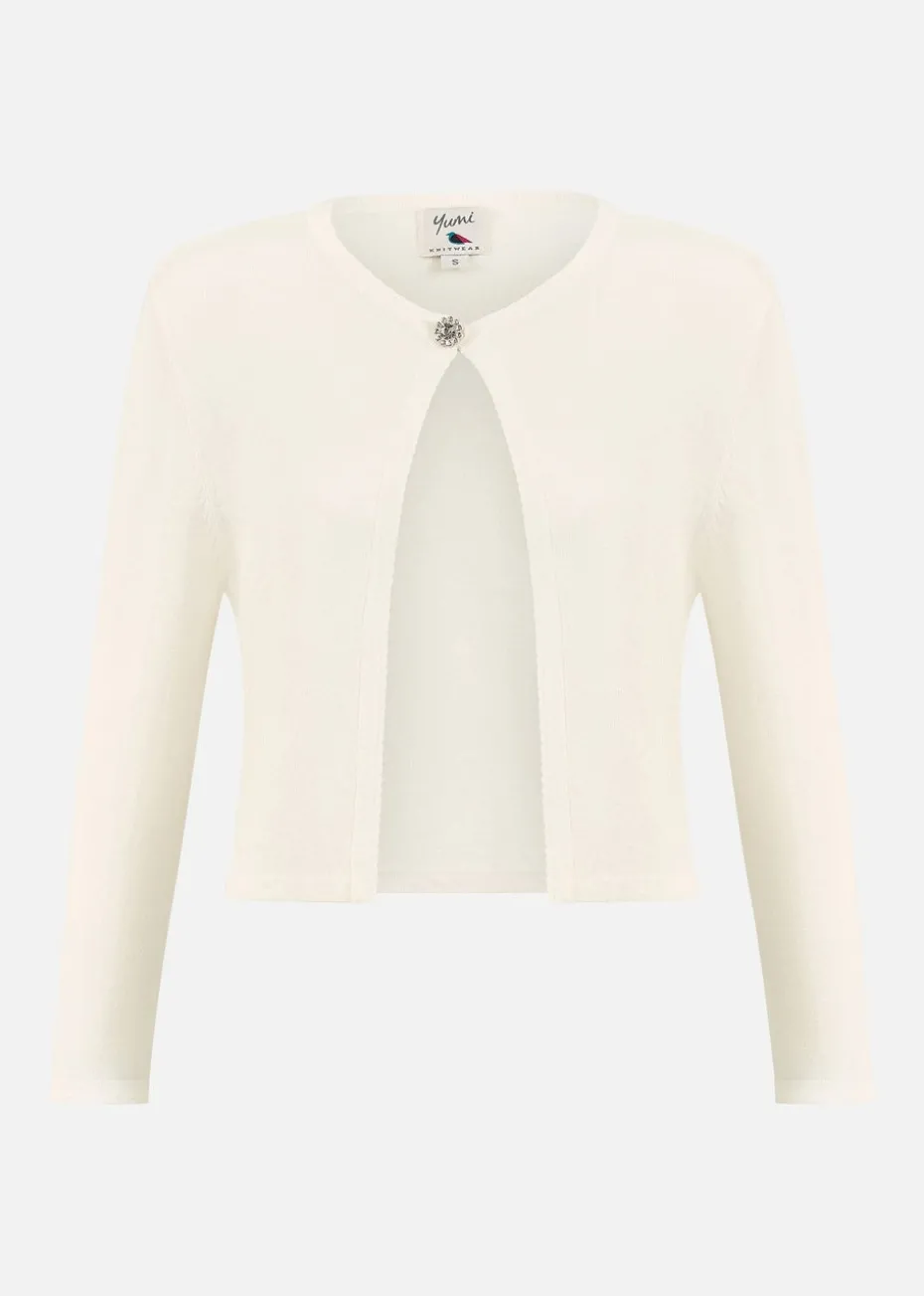 Yumi Ivory Diamante Button Cropped Cardigan