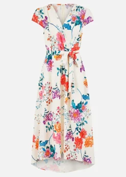 Yumi Ivory Flower Print Wrap Midi Dress