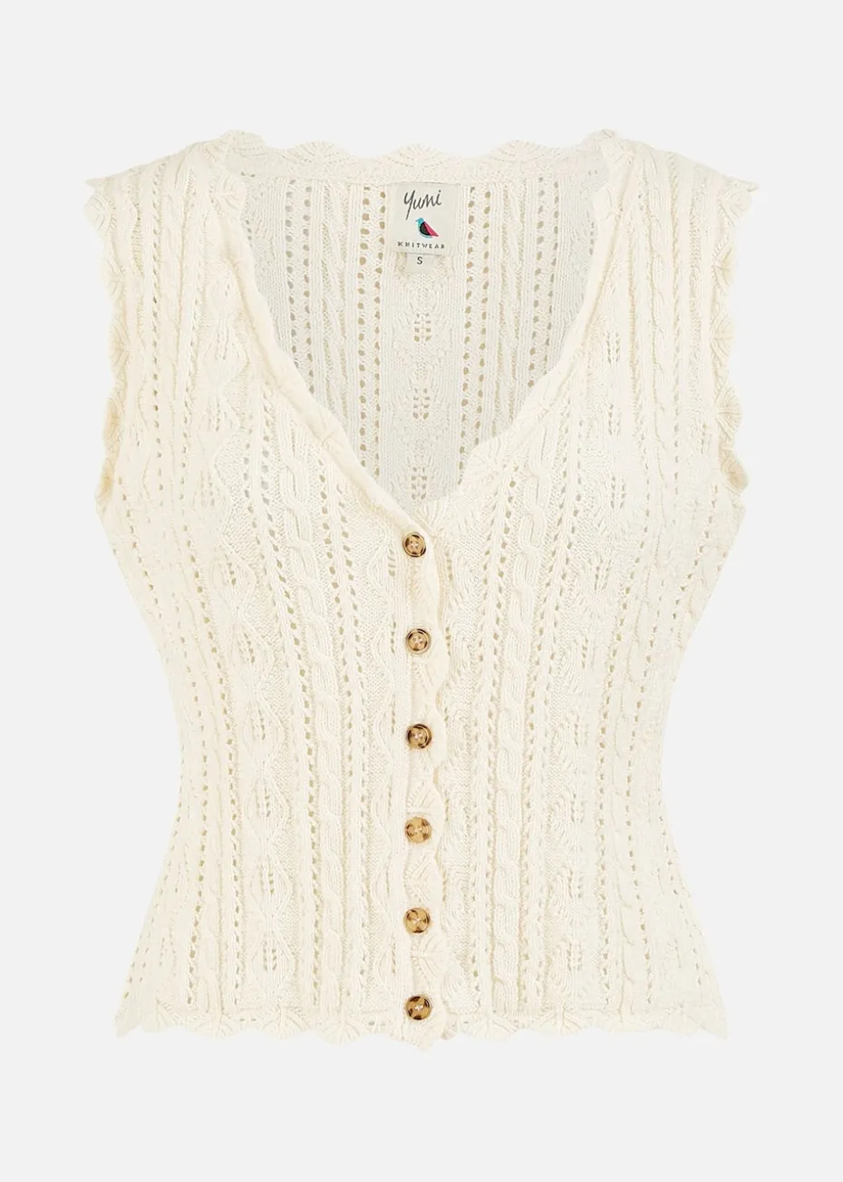 Yumi Ivory V Neck Button Down Crochet Knitted Top