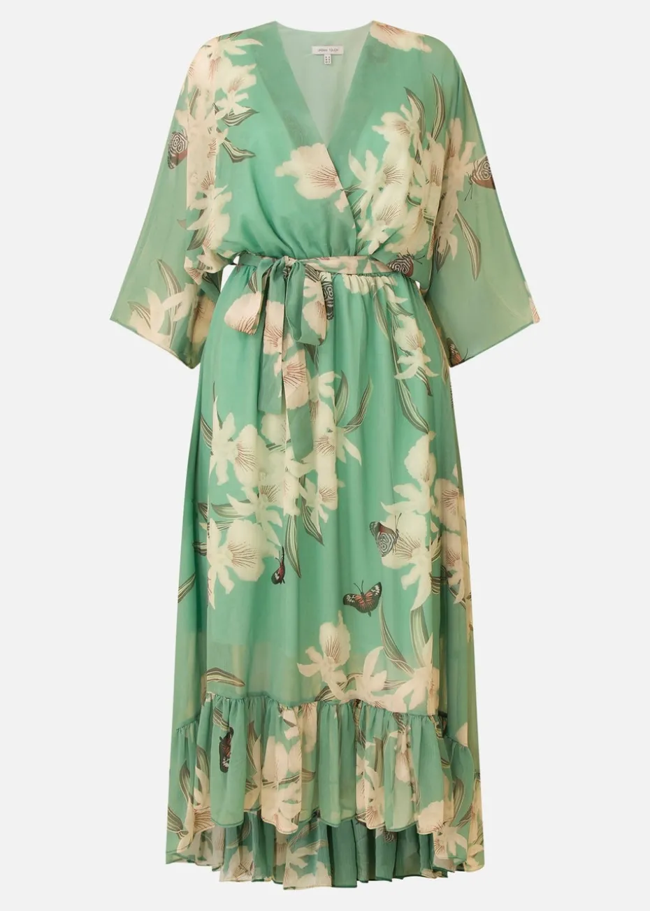 Yumi Mint Floral Print Kimono Midi Wrap Dress