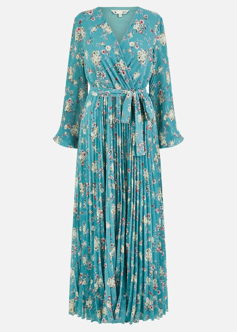 Yumi Mint Green Floral Pleated Long Sleeve Wrap Over Midi Dress