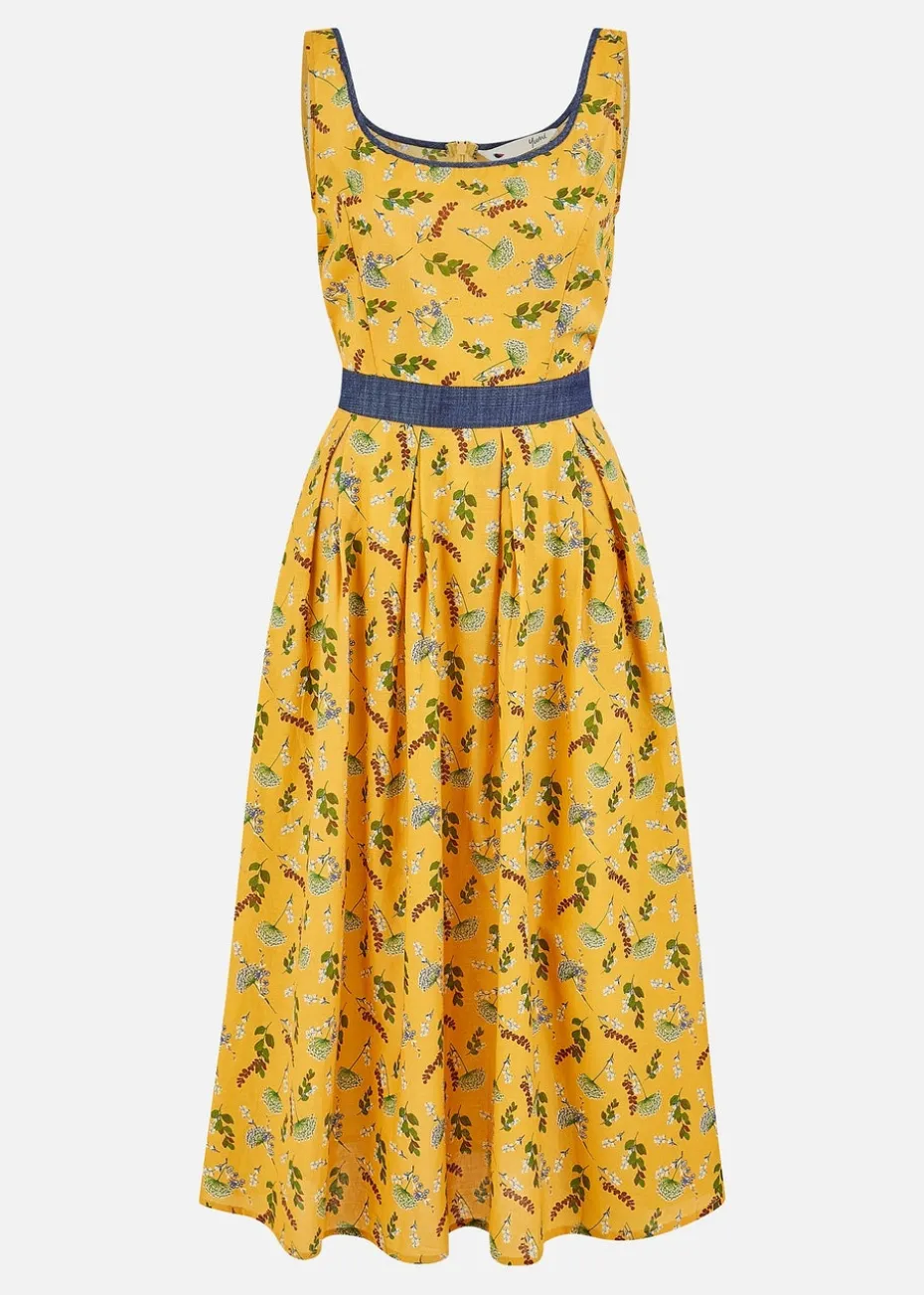 Yumi Mustard Floral Skater Dress With Denim Trims