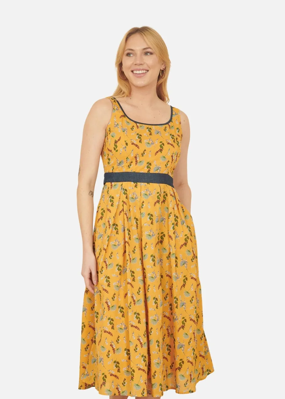 Yumi Mustard Floral Skater Dress With Denim Trims