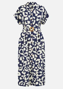 Yumi Navy Abstract Animal Print Relaxed Midi Shirt Dress With Belt