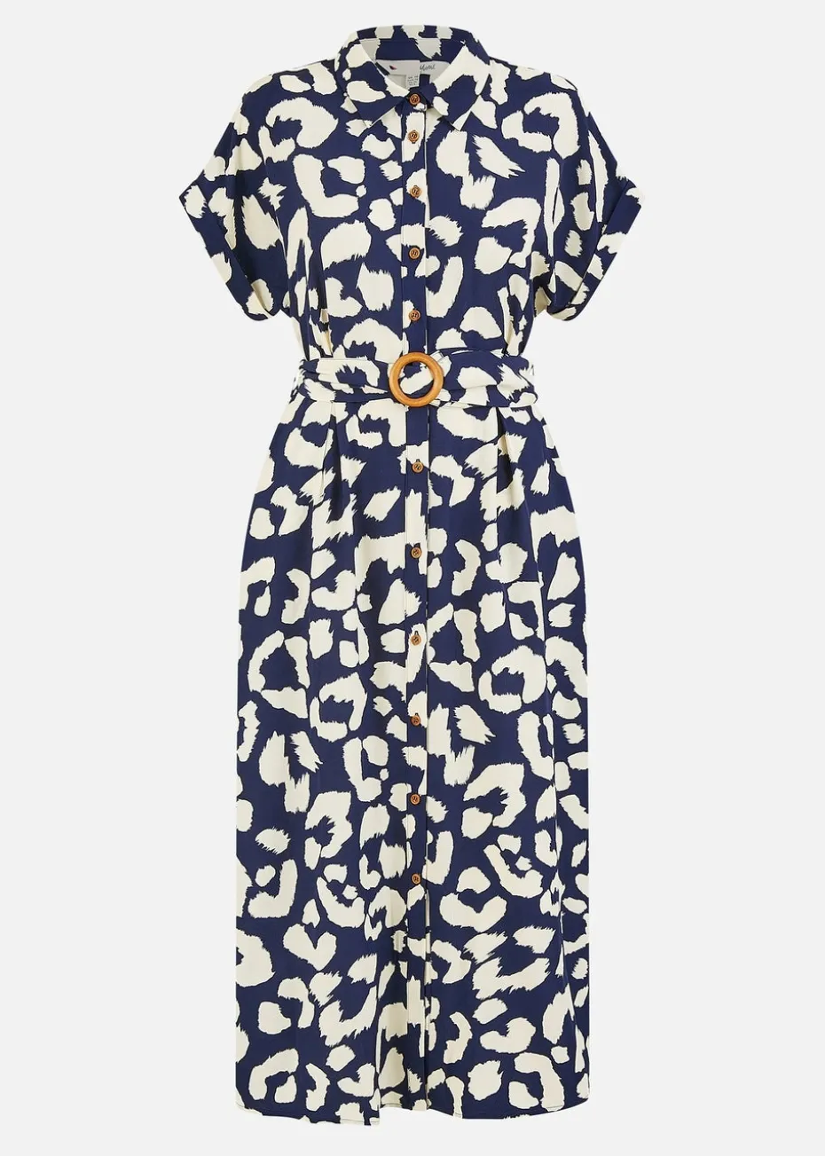 Yumi Navy Abstract Animal Print Relaxed Midi Shirt Dress With Belt