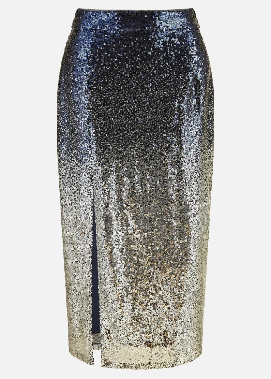 Yumi Navy & Silver Sequin Split Fitted Midi Skirt