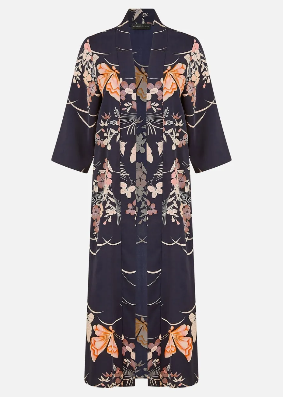 Yumi Navy Butterfly Print Long Kimono