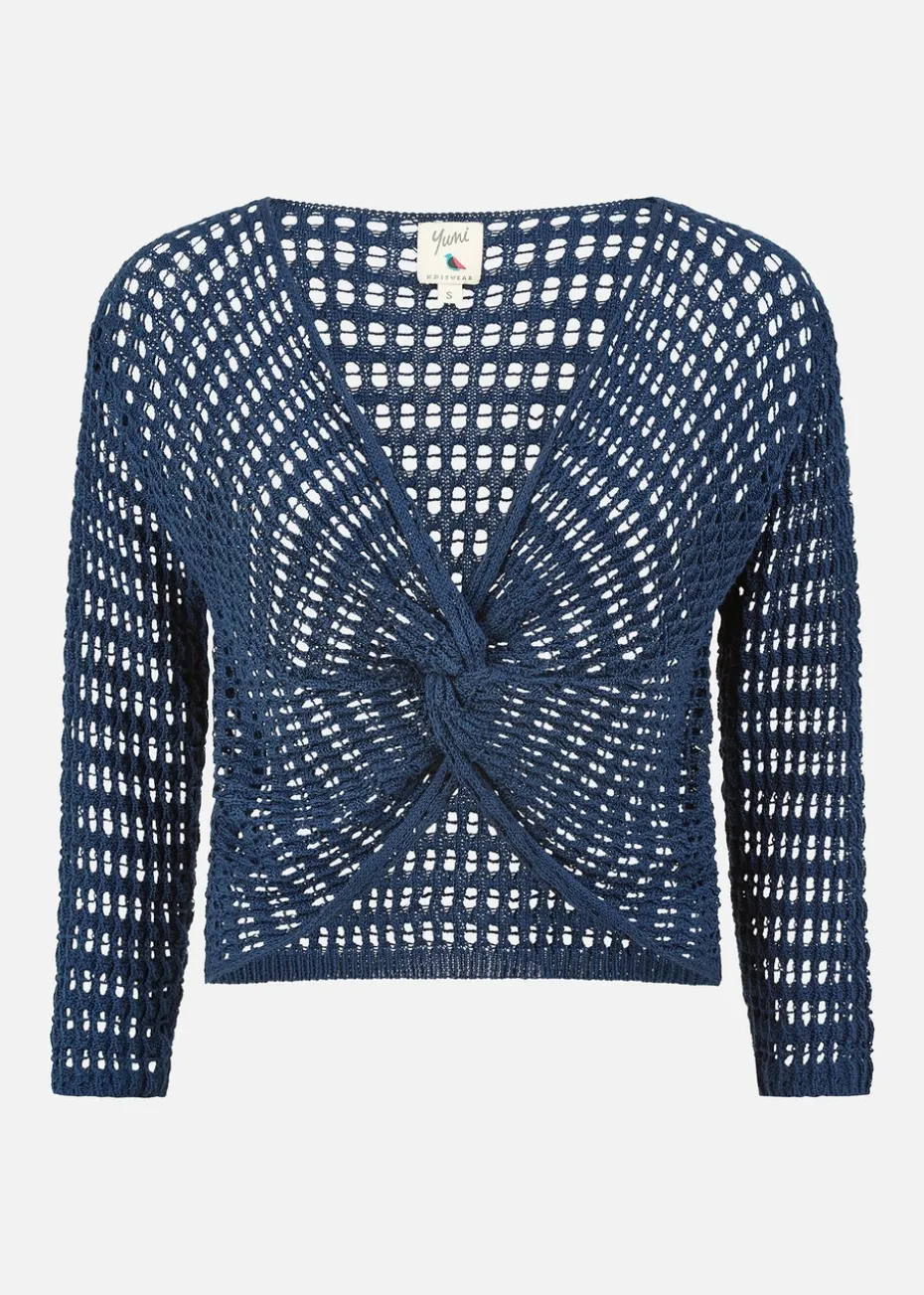 Yumi Navy Crochet Cotton Twisted Bolero Top