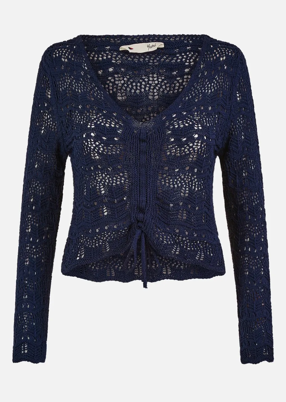 Yumi Navy Crochet Top With Front Ruching