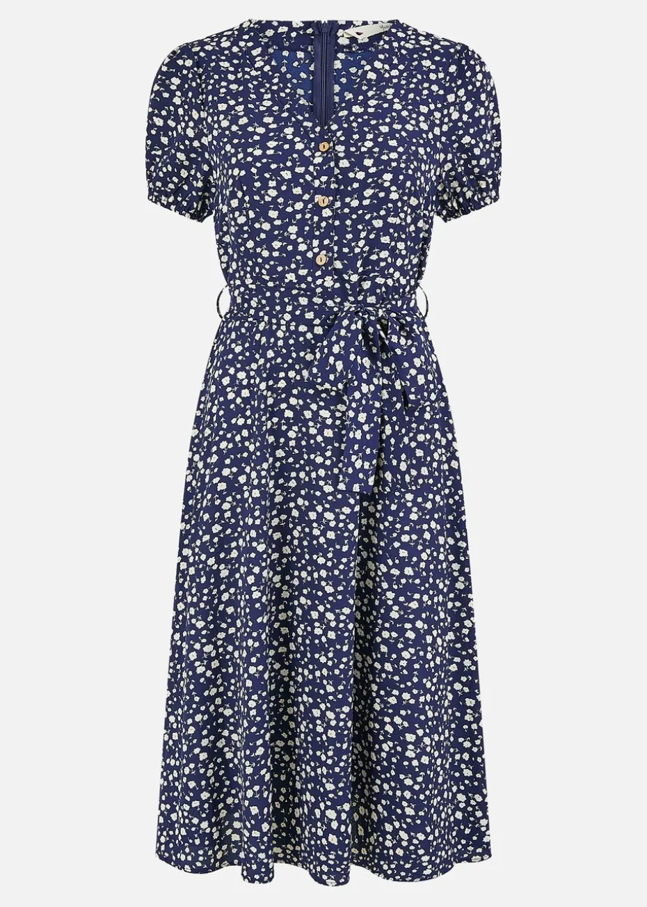 Yumi Navy Ditsy Floral Midi Shirt Dress