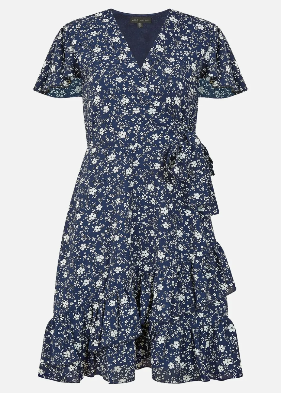 Yumi Navy Ditsy Floral Wrap Frill Dress