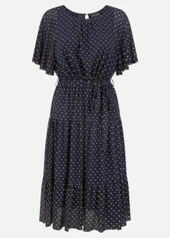 Yumi Navy Dot Print Mesh Stretch Midi Skater Dress