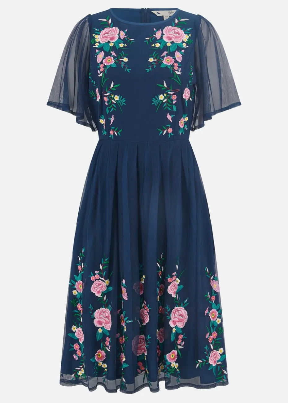 Yumi Navy Embroidered Long Mesh Sleeve Prom Skater Dress