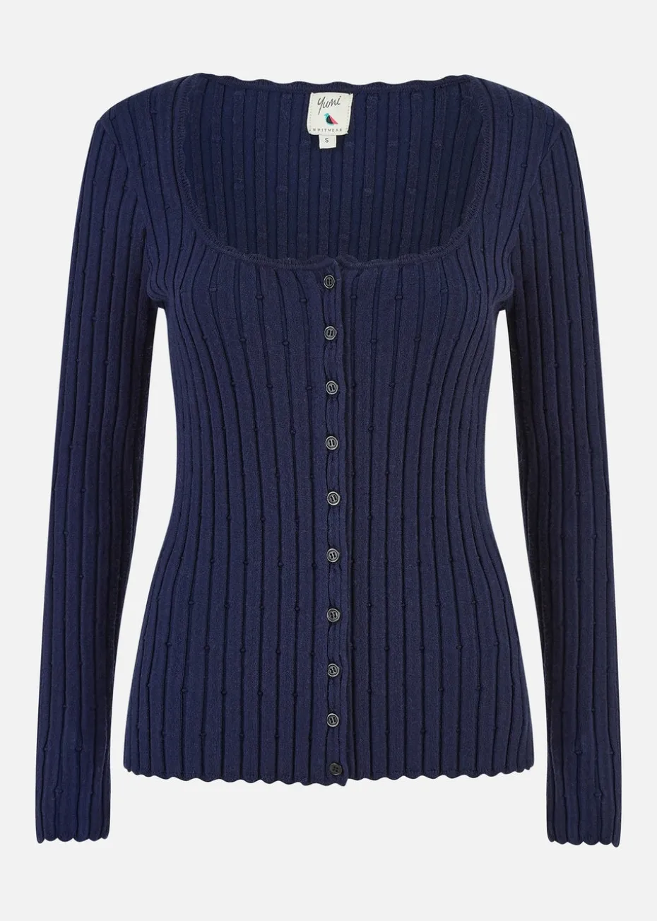 Yumi Navy Fitted Rib Button Up Cardigan