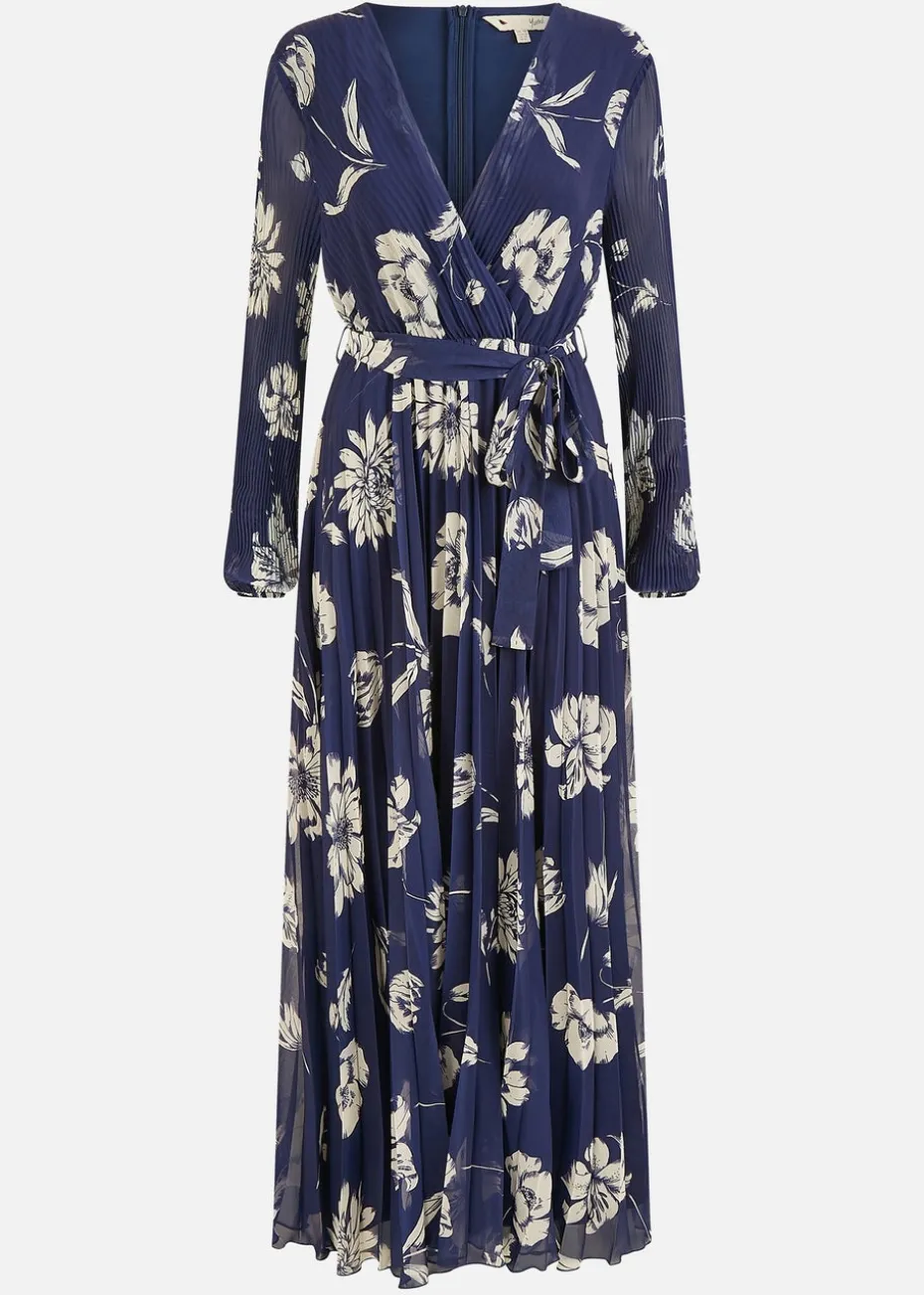 Yumi Navy Floral Pleated Midi Wrap Long Sleeve Dress