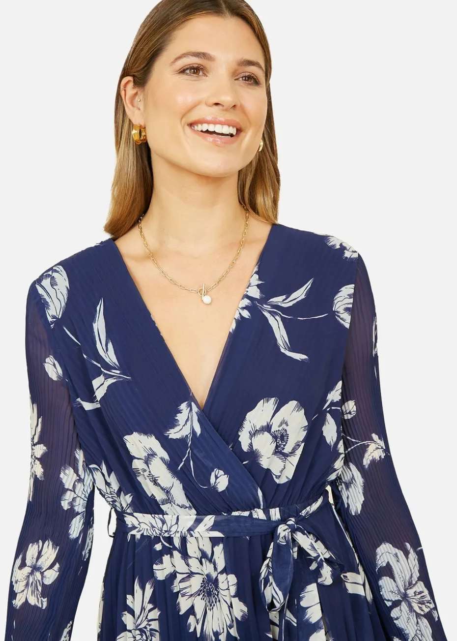 Yumi Navy Floral Pleated Midi Wrap Long Sleeve Dress