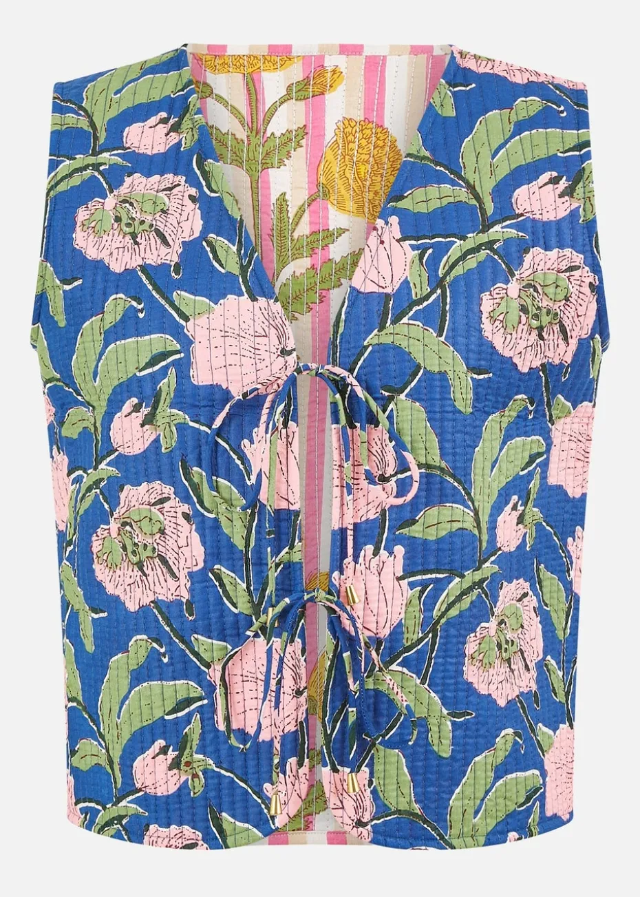 Yumi Navy Flower Reversible Cotton Quilted Waistcoat