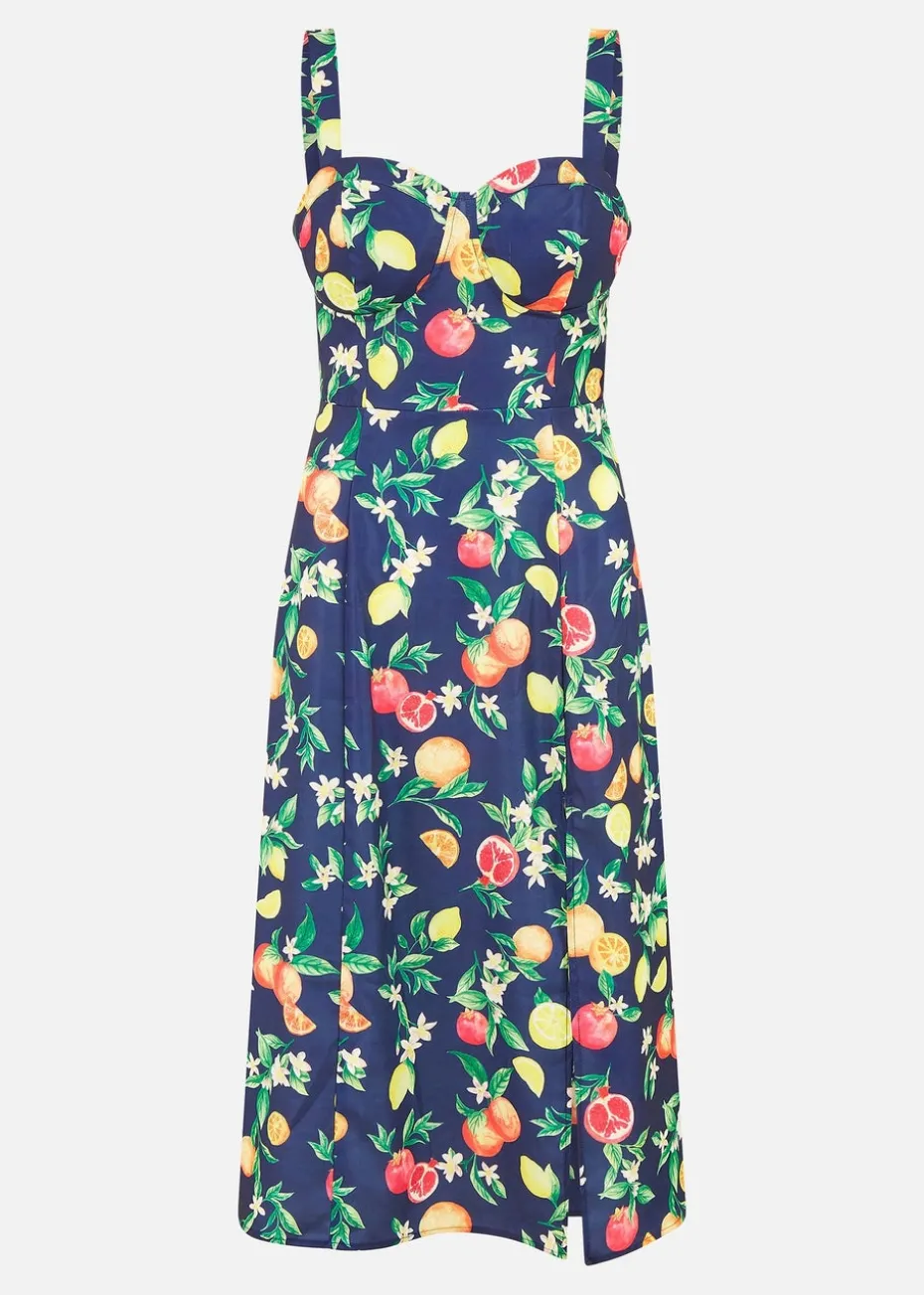Yumi Navy Fruit Print Strappy Sundress With Front Split