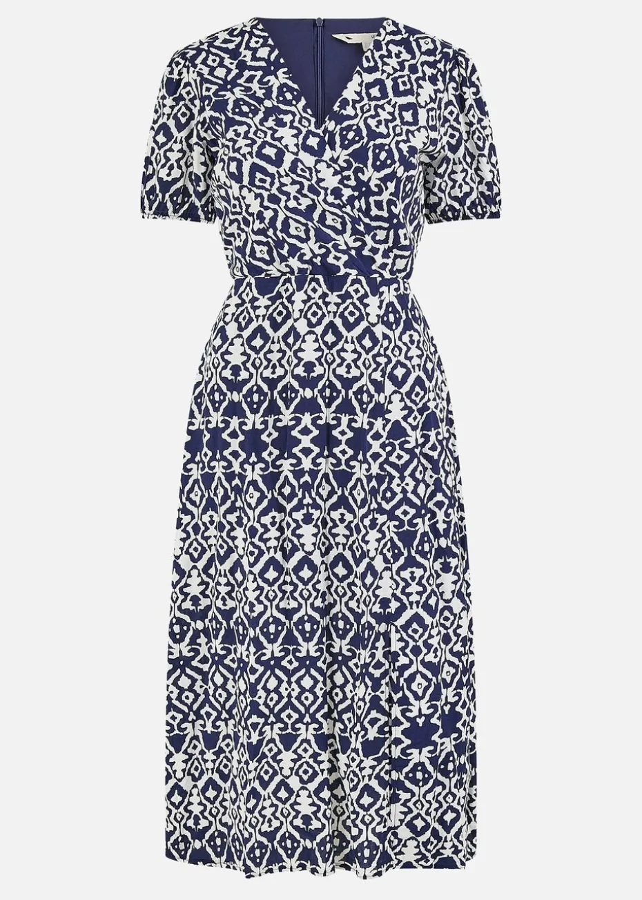 Yumi Navy Ikat Print Midi Dress With Split Hem