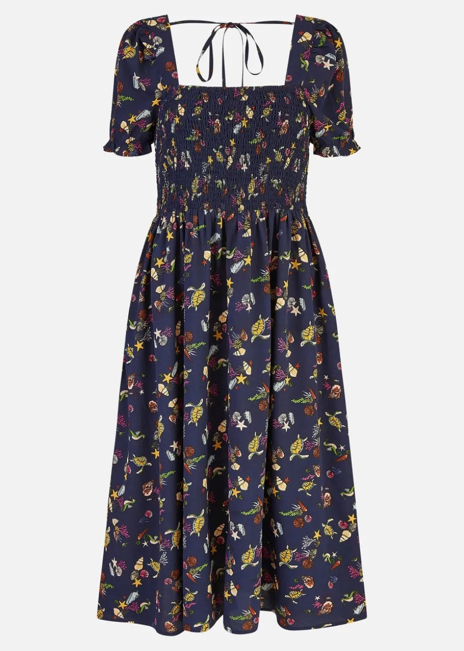 Yumi Navy Recycled Fabric Sealife Midi Dress