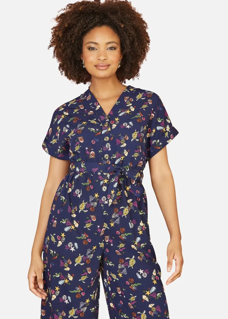 Yumi Navy Recycled Sealife Print Jumpsuit