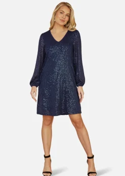 Yumi Navy Sequin Tunic With Balloon Sleeves