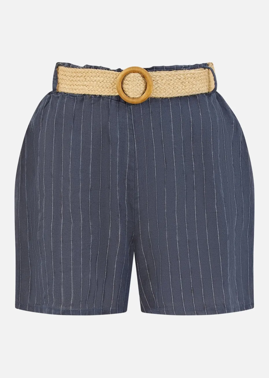 Yumi Navy Striped Italian Linen Shorts With Belt
