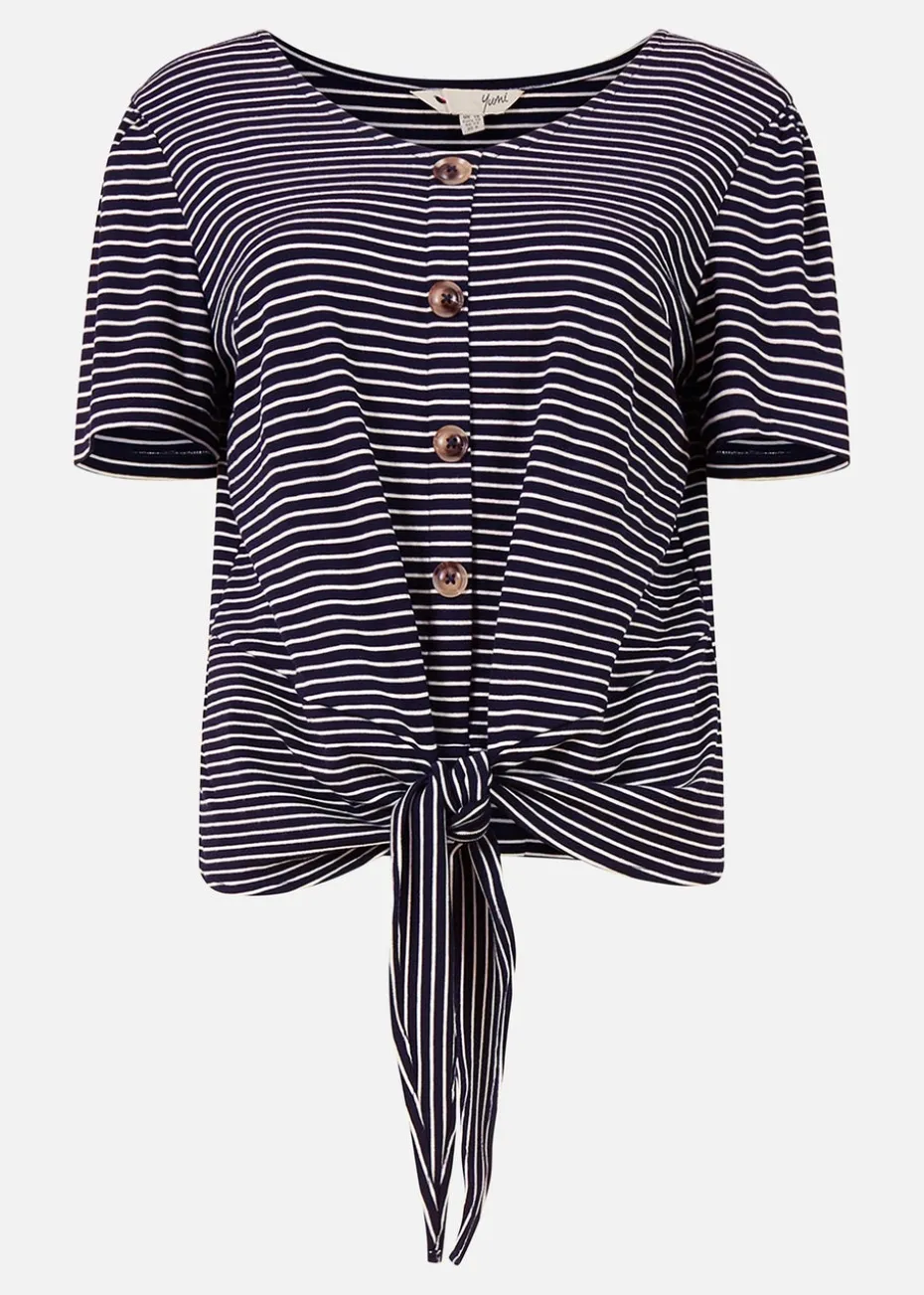 Yumi Navy Striped Jersey Button Detail Top