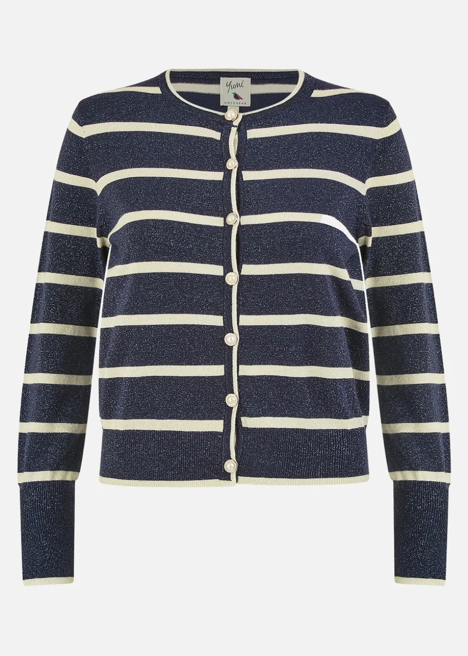 Yumi Navy Striped Sparkle Knitted Cardigan