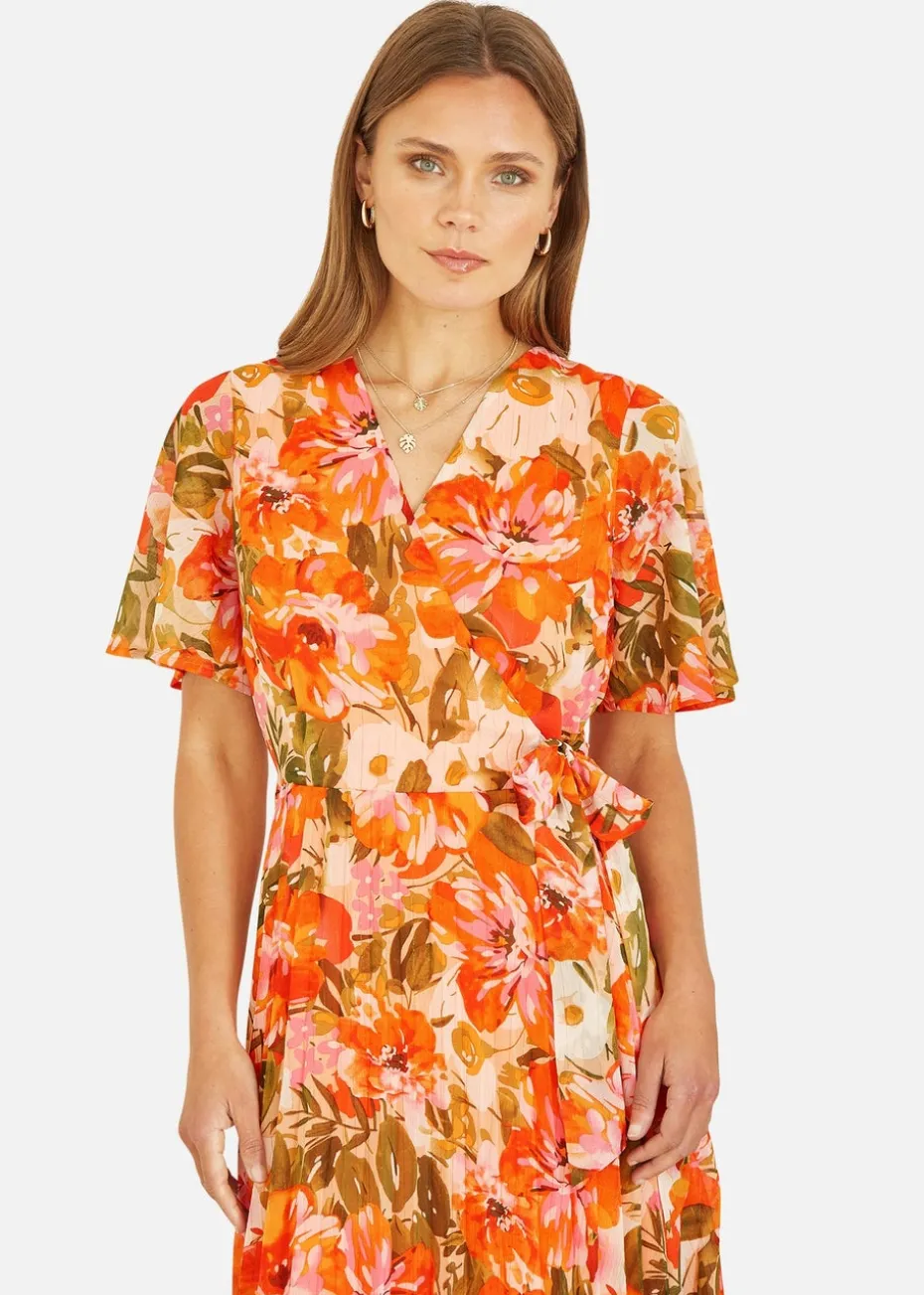 Yumi Orange Floral Midi Wrap Pleated Dress