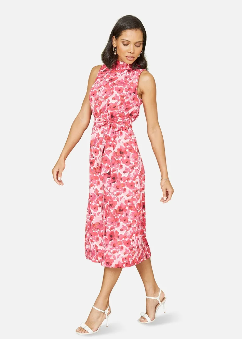 Yumi Pink Blossom Print Halter Neck Midi Dress With Split Hem