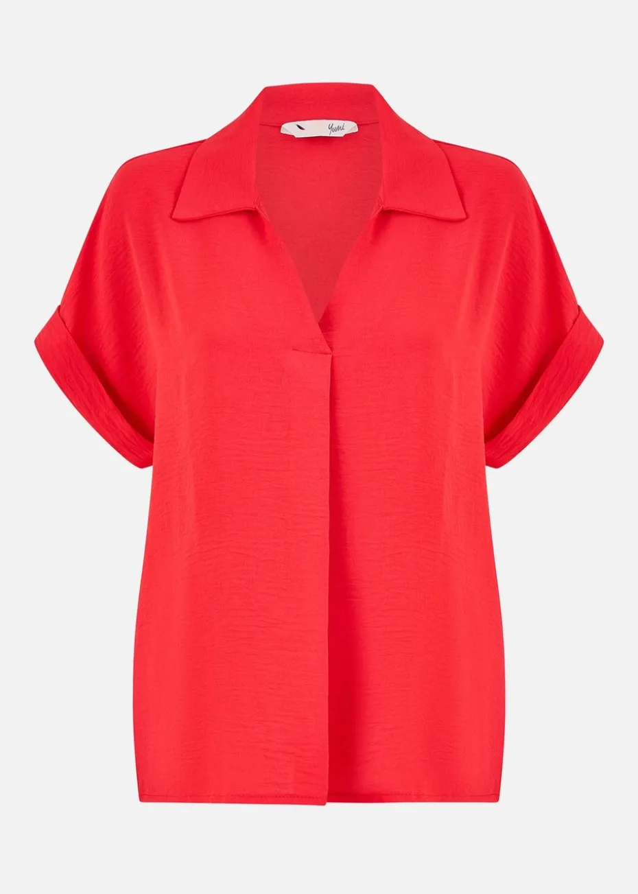 Yumi Red Stretch Relaxed Top With Collar
