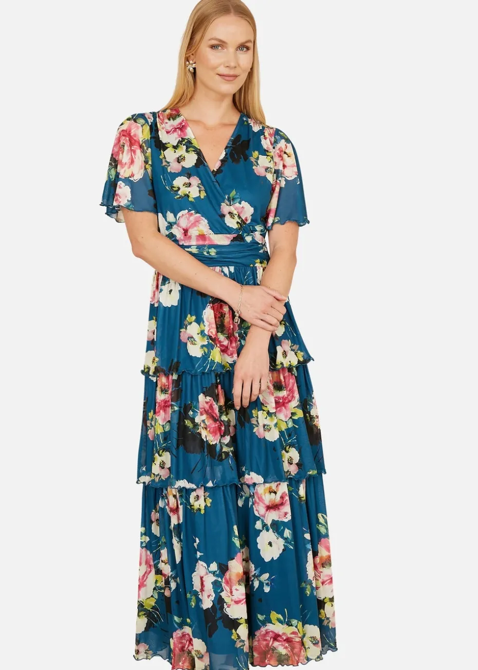 Yumi Teal Green Floral Mesh Tiered Maxi Dress
