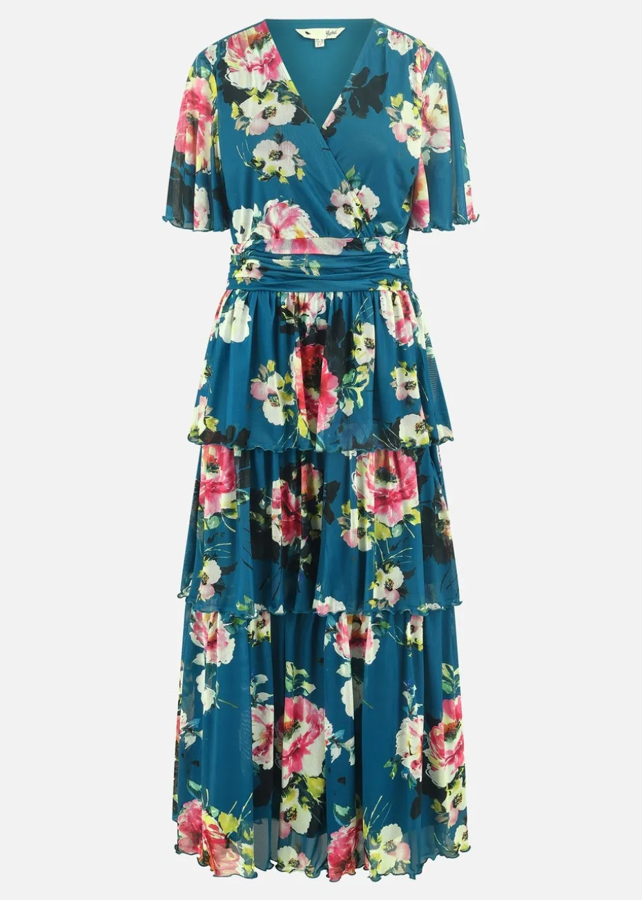 Yumi Teal Green Floral Mesh Tiered Maxi Dress