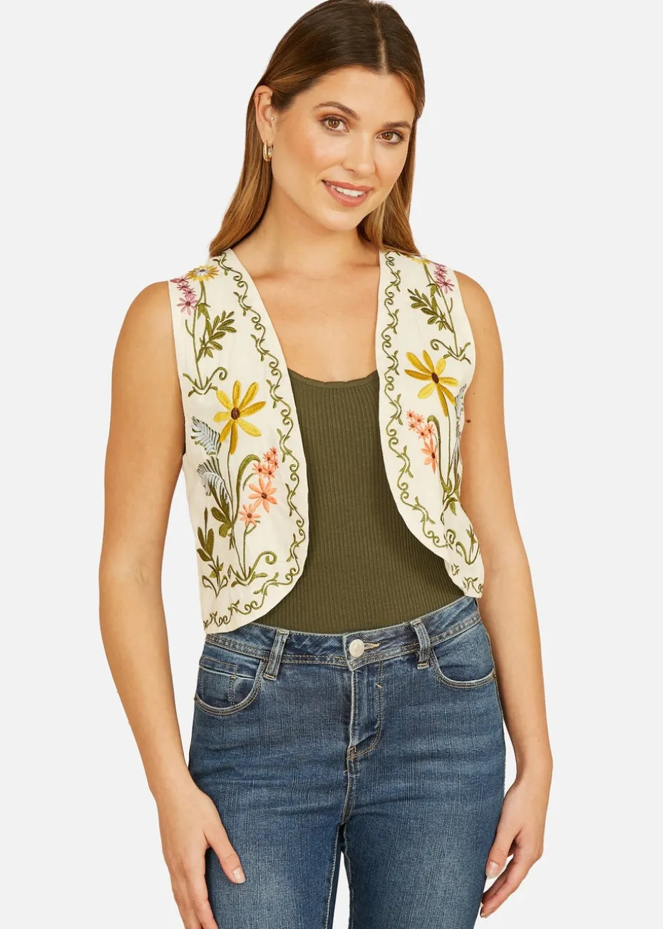 Yumi White Floral Embroidered Cotton Waist Coat