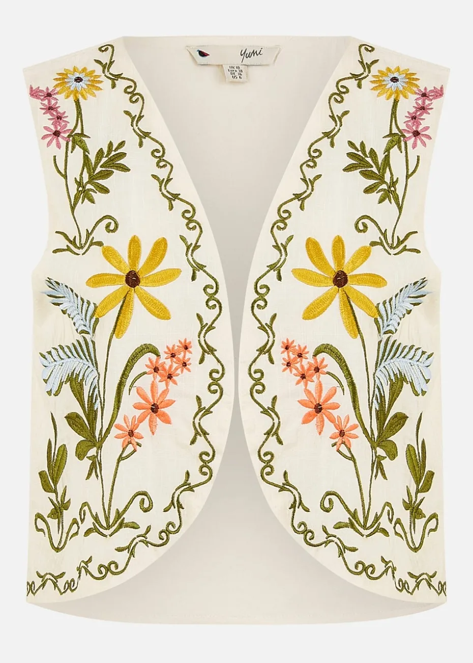 Yumi White Floral Embroidered Cotton Waist Coat