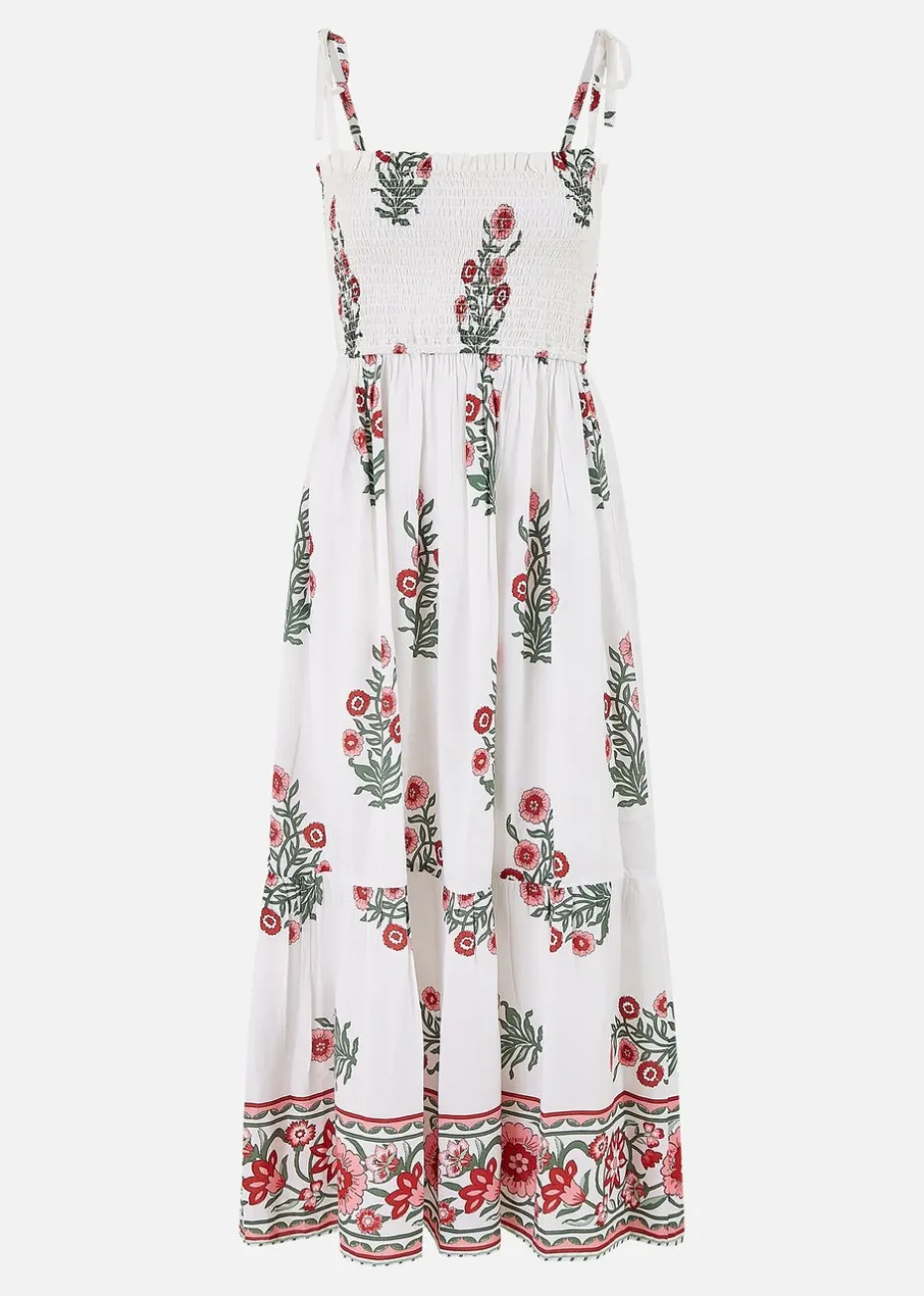 Yumi White Floral Printed Smocked Midi Dress