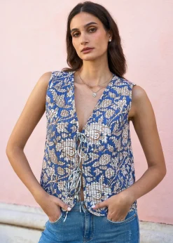 Yumi White Leaf Reversible Cotton Quilted Waistcoat