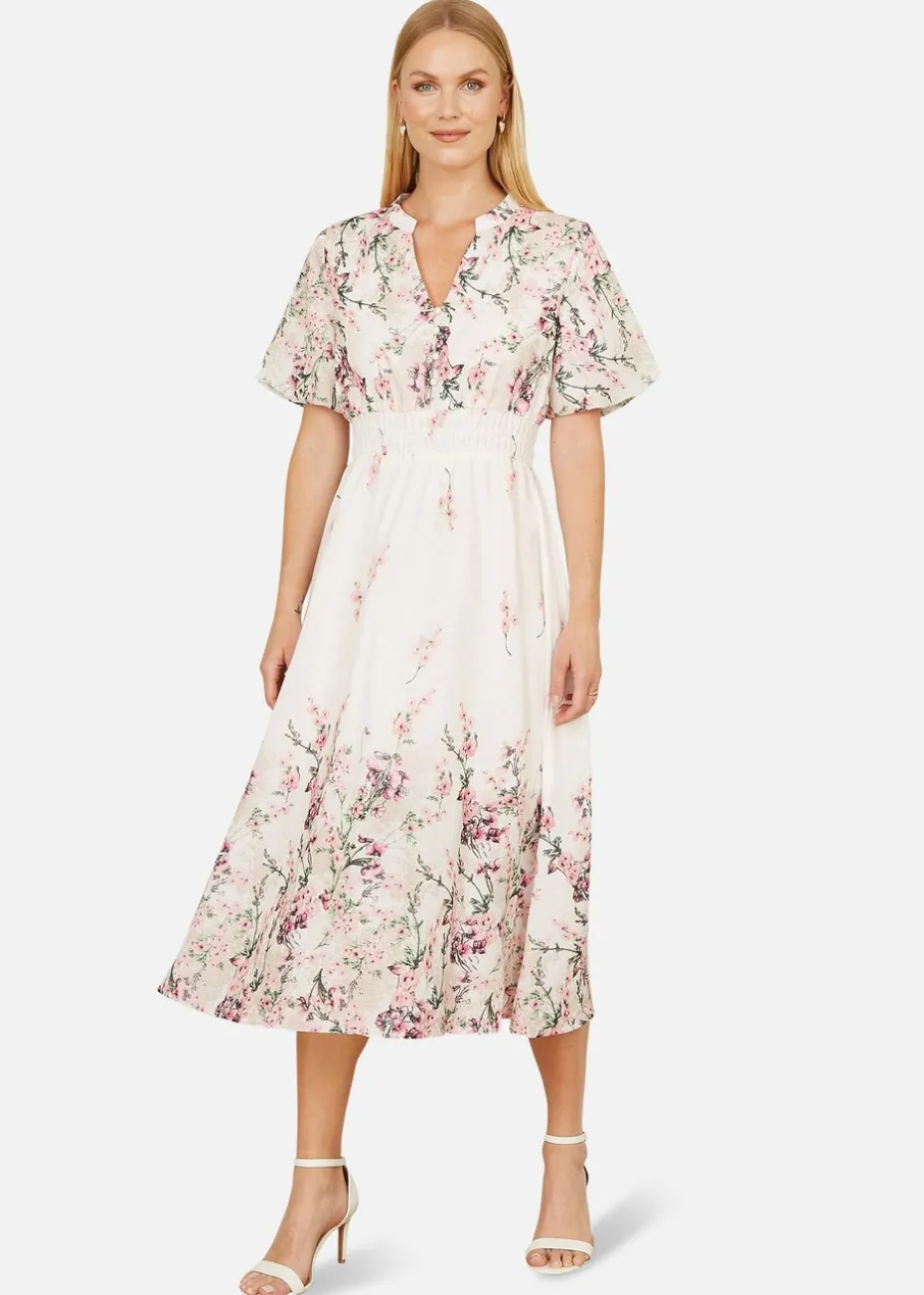 Yumi White Mirrored Floral Button Up Midi Dress With Ruched Waist