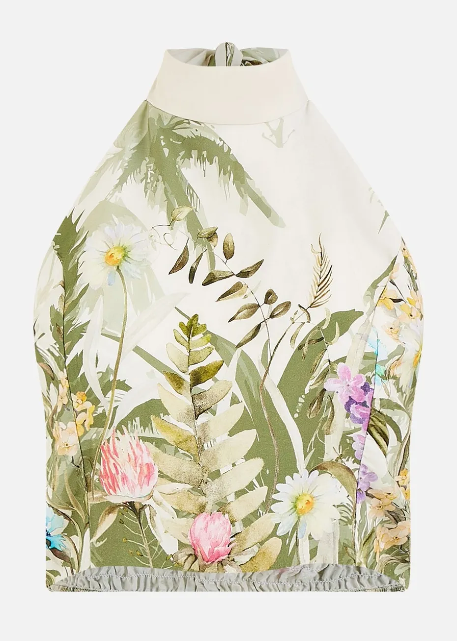 Yumi White Palm Print Halter Neck Top