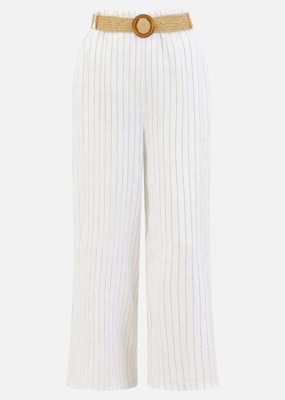 Yumi White Striped Italian Linen Wide Leg Trousers With Belt
