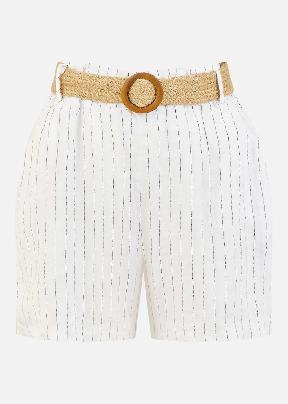 Yumi White Striped Italian Linen Shorts With Belt